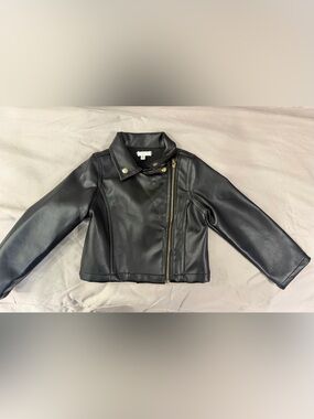 Tahari Girl Black Faux Leather Moto Jacket Gold Hardware Size 3T